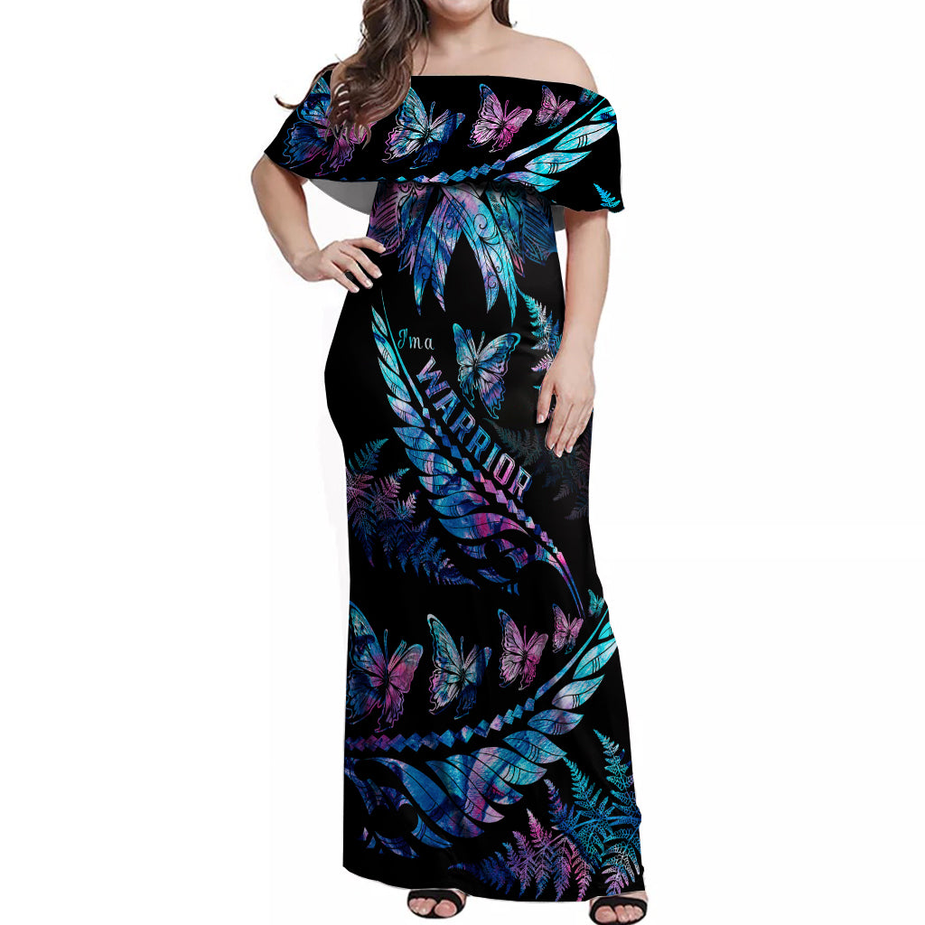 Polynesia Ribbon Butterflies Off Shoulder Maxi Dress Silver Fern Breast Cancer With Papua Shell Pattern - Wonder Print Shop