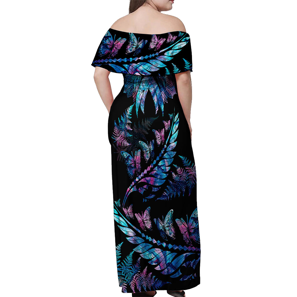 Polynesia Ribbon Butterflies Off Shoulder Maxi Dress Silver Fern Breast Cancer With Papua Shell Pattern - Wonder Print Shop