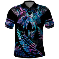 Polynesia Ribbon Butterflies Polo Shirt Silver Fern Breast Cancer With Papua Shell Pattern - Wonder Print Shop
