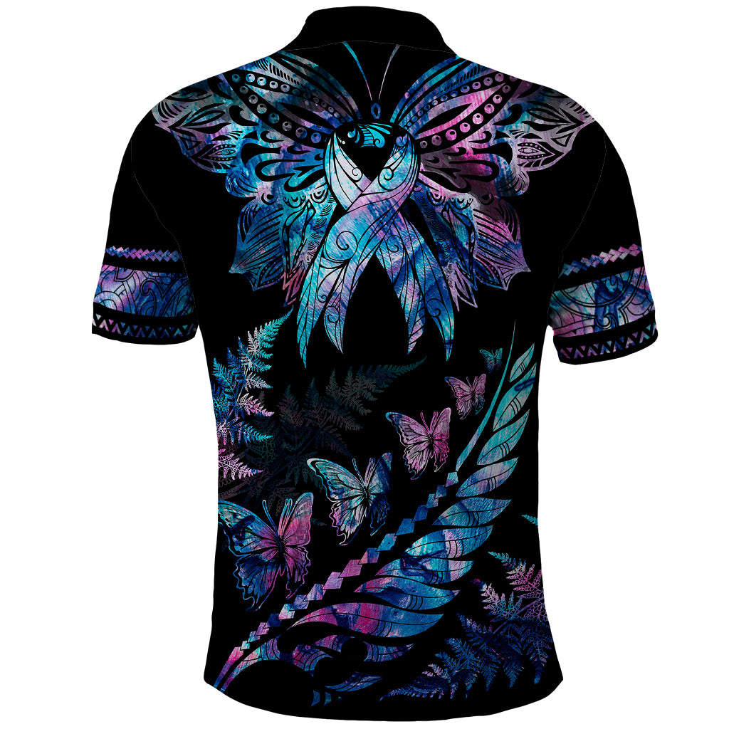 Polynesia Ribbon Butterflies Polo Shirt Silver Fern Breast Cancer With Papua Shell Pattern - Wonder Print Shop