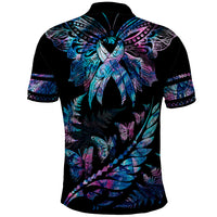 Polynesia Ribbon Butterflies Polo Shirt Silver Fern Breast Cancer With Papua Shell Pattern - Wonder Print Shop