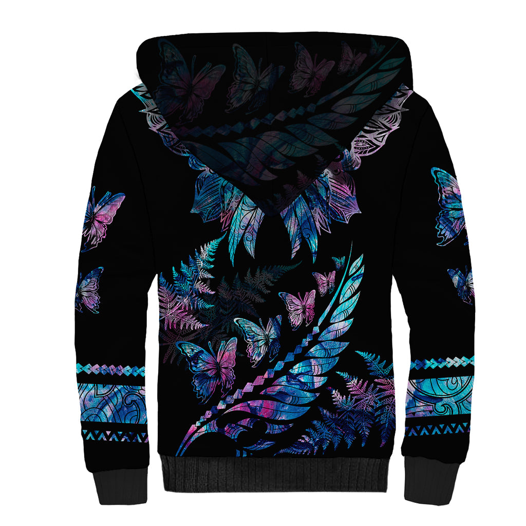 Polynesia Ribbon Butterflies Sherpa Hoodie Silver Fern Breast Cancer With Papua Shell Pattern - Wonder Print Shop