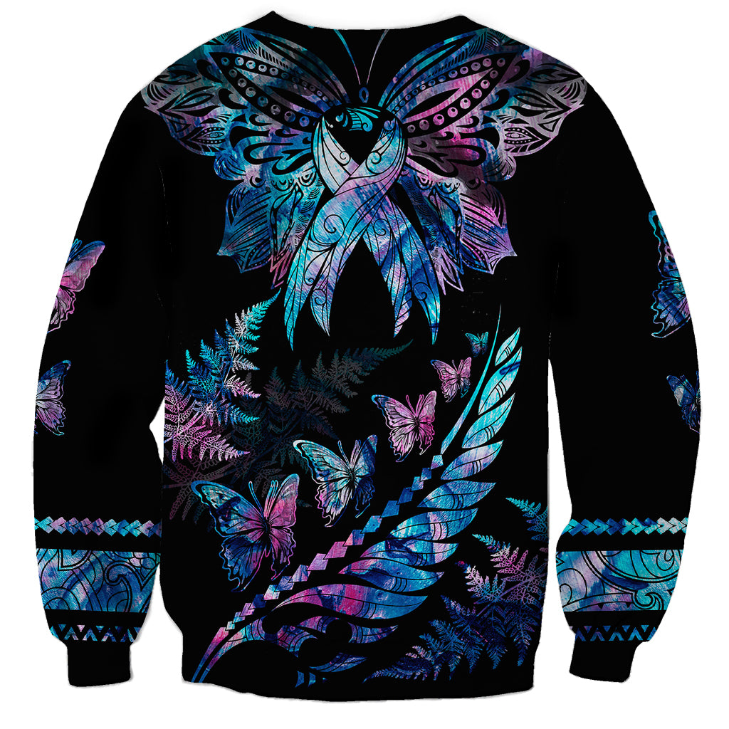Polynesia Ribbon Butterflies Sweatshirt Silver Fern Breast Cancer With Papua Shell Pattern - Wonder Print Shop