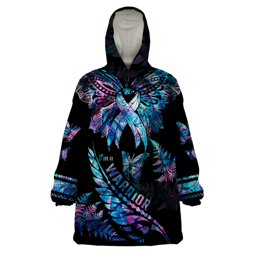 Polynesia Ribbon Butterflies Wearable Blanket Hoodie Silver Fern Breast Cancer With Papua Shell Pattern - Wonder Print Shop
