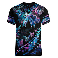 Polynesia Ribbon Butterflies Women V Neck T Shirt Silver Fern Breast Cancer With Papua Shell Pattern - Wonder Print Shop