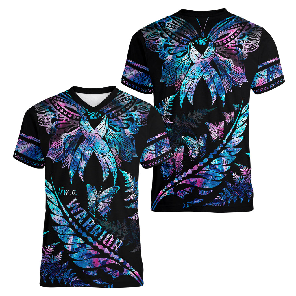 Polynesia Ribbon Butterflies Women V Neck T Shirt Silver Fern Breast Cancer With Papua Shell Pattern - Wonder Print Shop