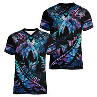 Polynesia Ribbon Butterflies Women V Neck T Shirt Silver Fern Breast Cancer With Papua Shell Pattern - Wonder Print Shop