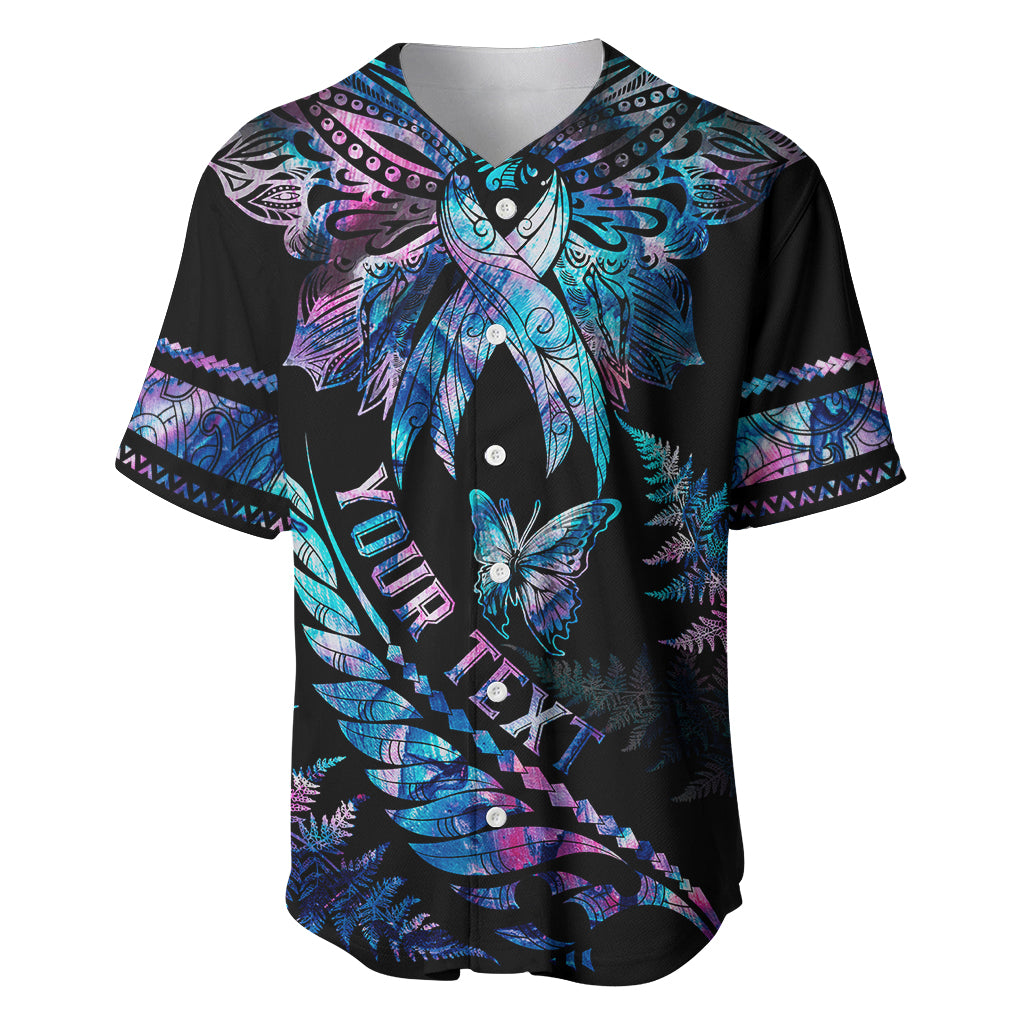Personalised Polynesia Ribbon Butterflies Baseball Jersey Silver Fern Breast Cancer With Papua Shell Pattern LT9 - Wonder Print Shop