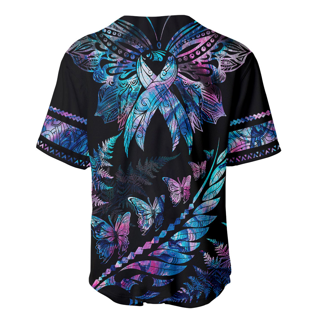 Personalised Polynesia Ribbon Butterflies Baseball Jersey Silver Fern Breast Cancer With Papua Shell Pattern LT9 - Wonder Print Shop