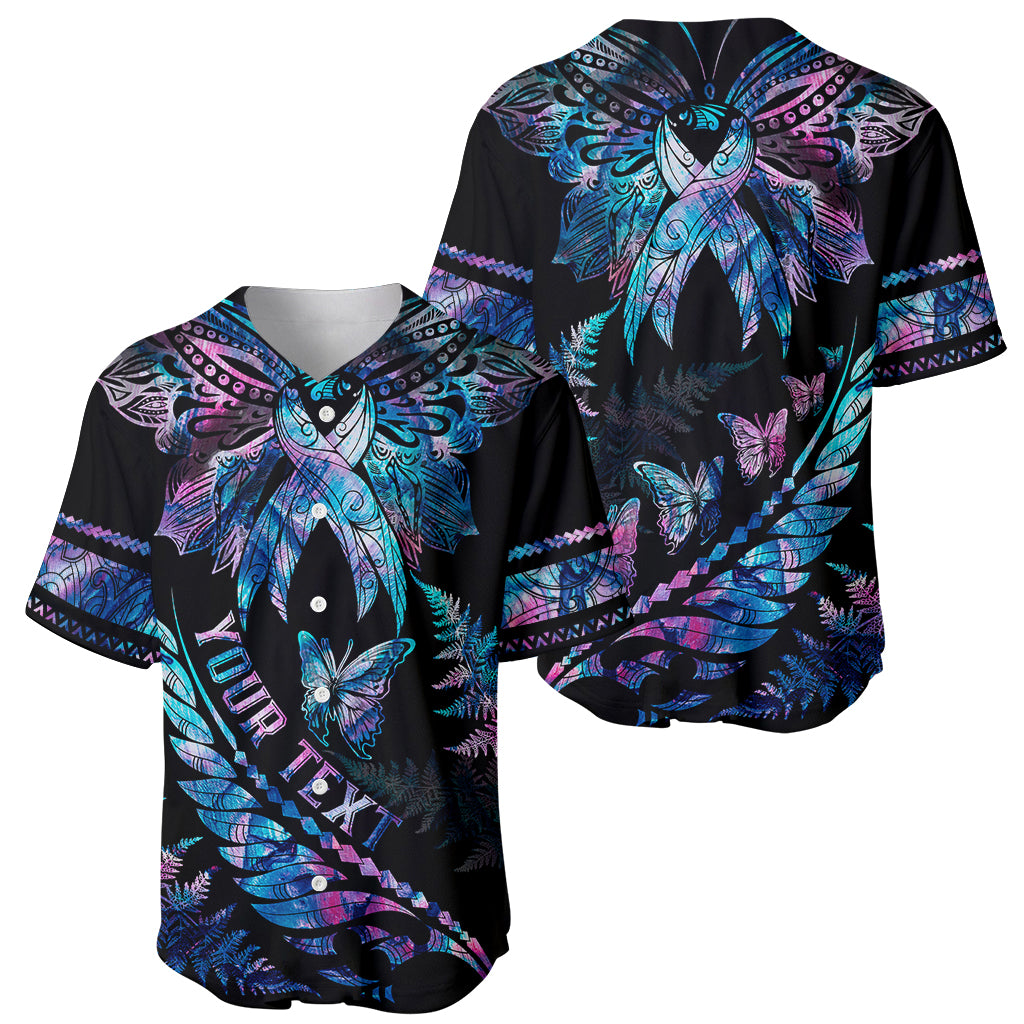 Personalised Polynesia Ribbon Butterflies Baseball Jersey Silver Fern Breast Cancer With Papua Shell Pattern LT9 - Wonder Print Shop
