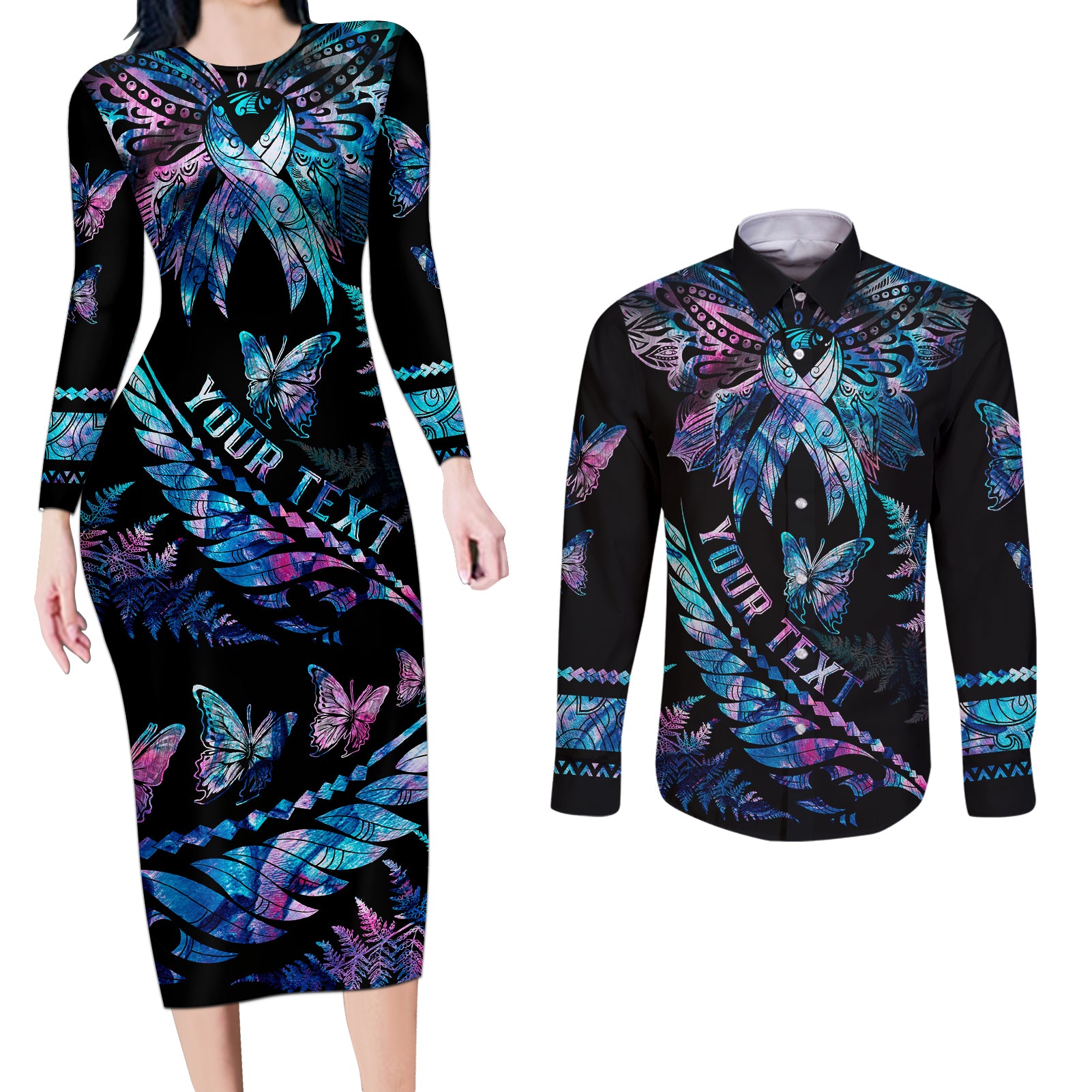 Personalised Polynesia Ribbon Butterflies Couples Matching Long Sleeve Bodycon Dress and Long Sleeve Button Shirts Silver Fern Breast Cancer With Papua Shell Pattern LT9 - Wonder Print Shop