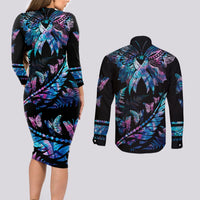 Personalised Polynesia Ribbon Butterflies Couples Matching Long Sleeve Bodycon Dress and Long Sleeve Button Shirts Silver Fern Breast Cancer With Papua Shell Pattern LT9 - Wonder Print Shop