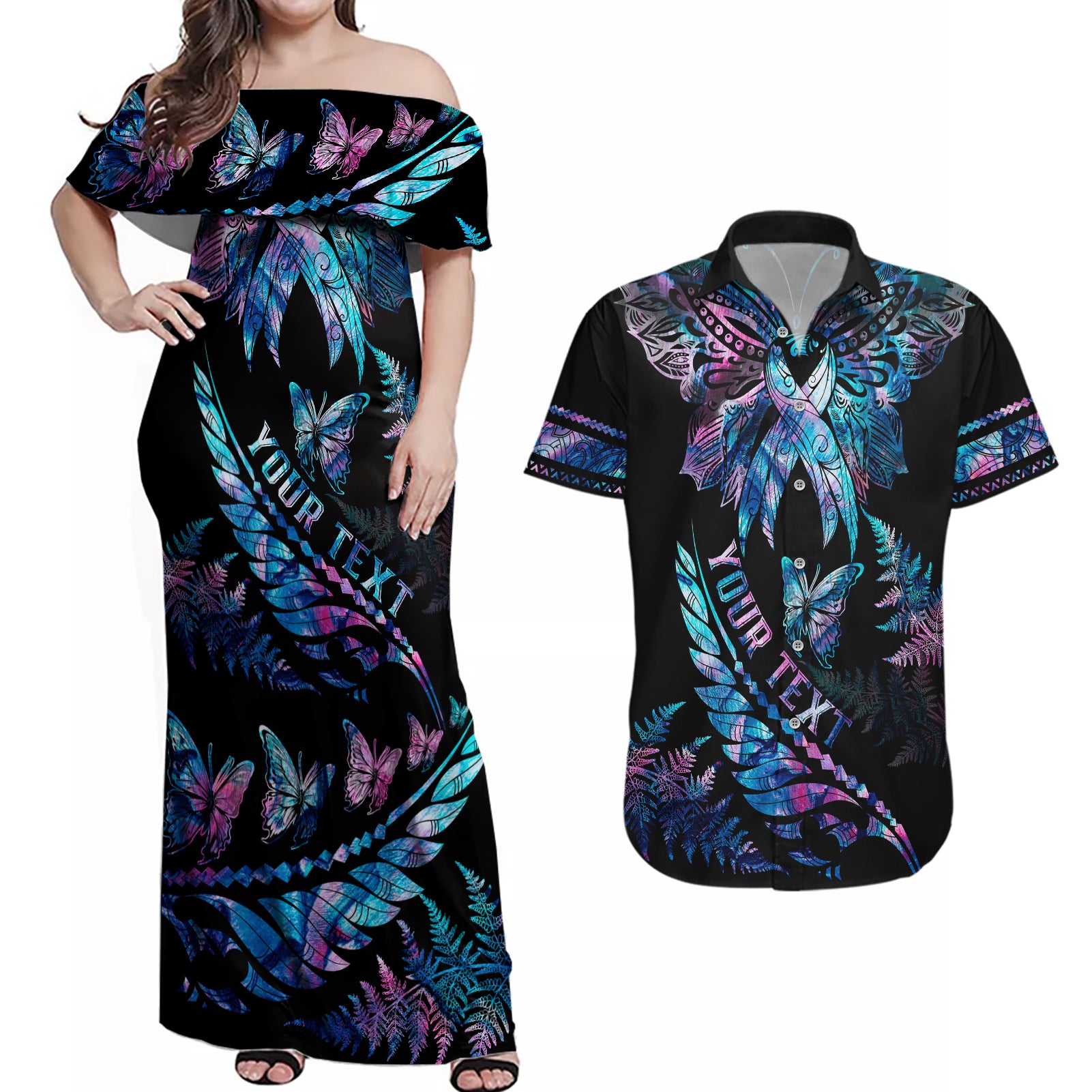 Personalised Polynesia Ribbon Butterflies Couples Matching Off Shoulder Maxi Dress and Hawaiian Shirt Silver Fern Breast Cancer With Papua Shell Pattern LT9 - Wonder Print Shop