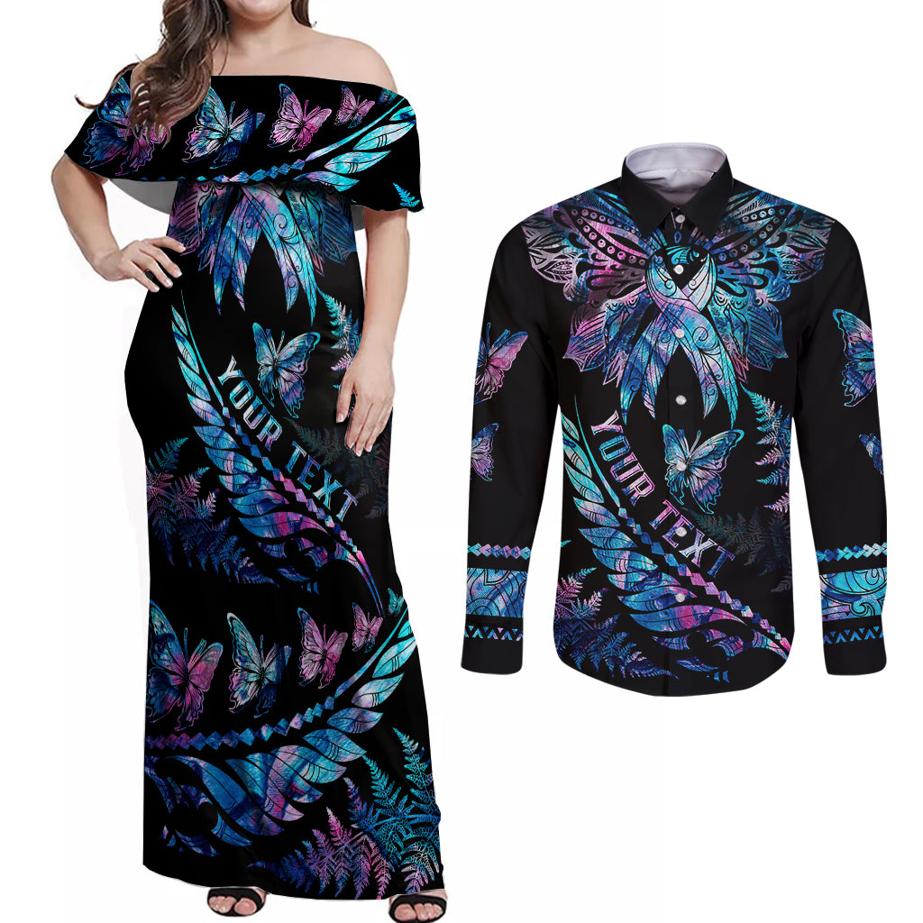 Personalised Polynesia Ribbon Butterflies Couples Matching Off Shoulder Maxi Dress and Long Sleeve Button Shirts Silver Fern Breast Cancer With Papua Shell Pattern LT9 - Wonder Print Shop