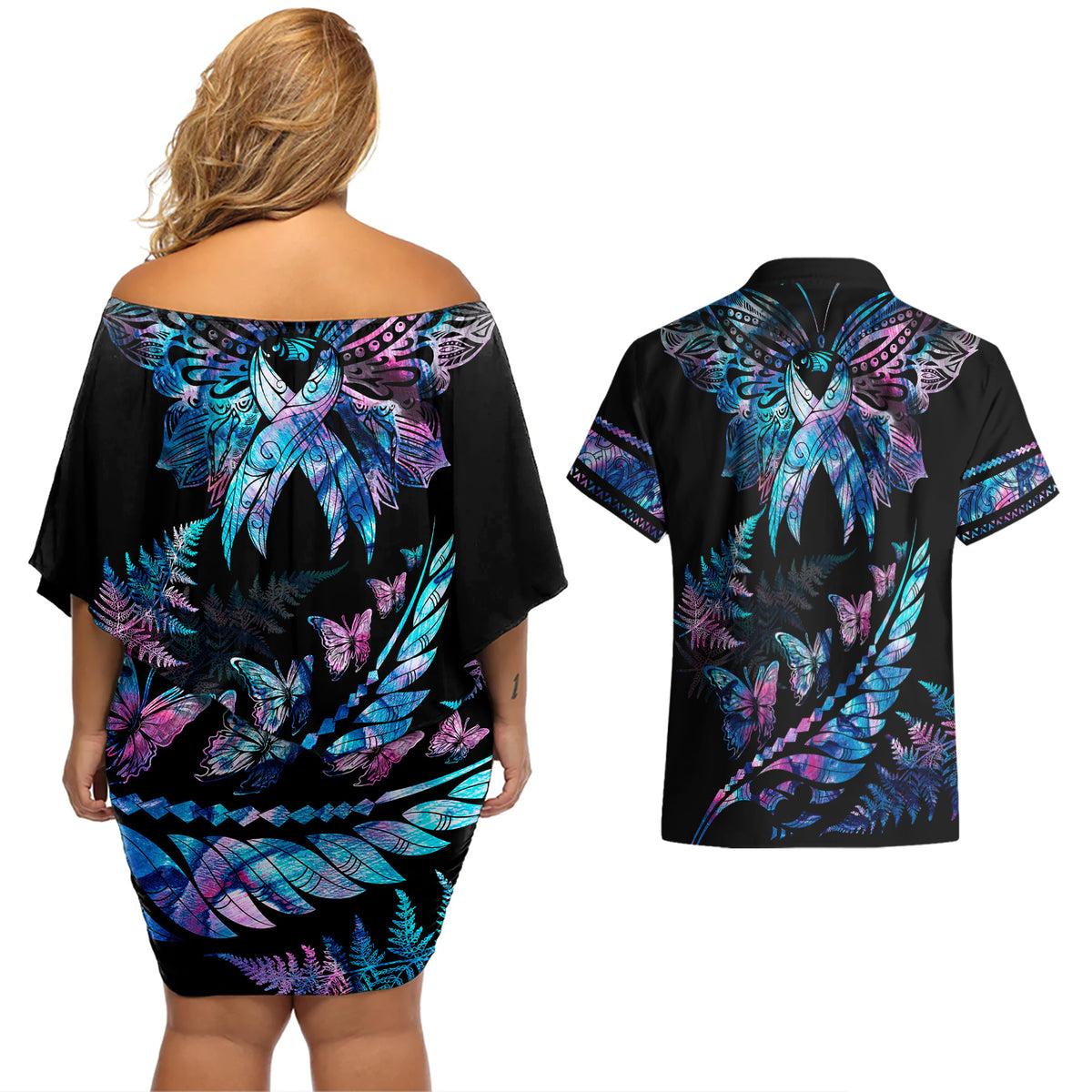 Personalised Polynesia Ribbon Butterflies Couples Matching Off Shoulder Short Dress and Hawaiian Shirt Silver Fern Breast Cancer With Papua Shell Pattern LT9 - Wonder Print Shop