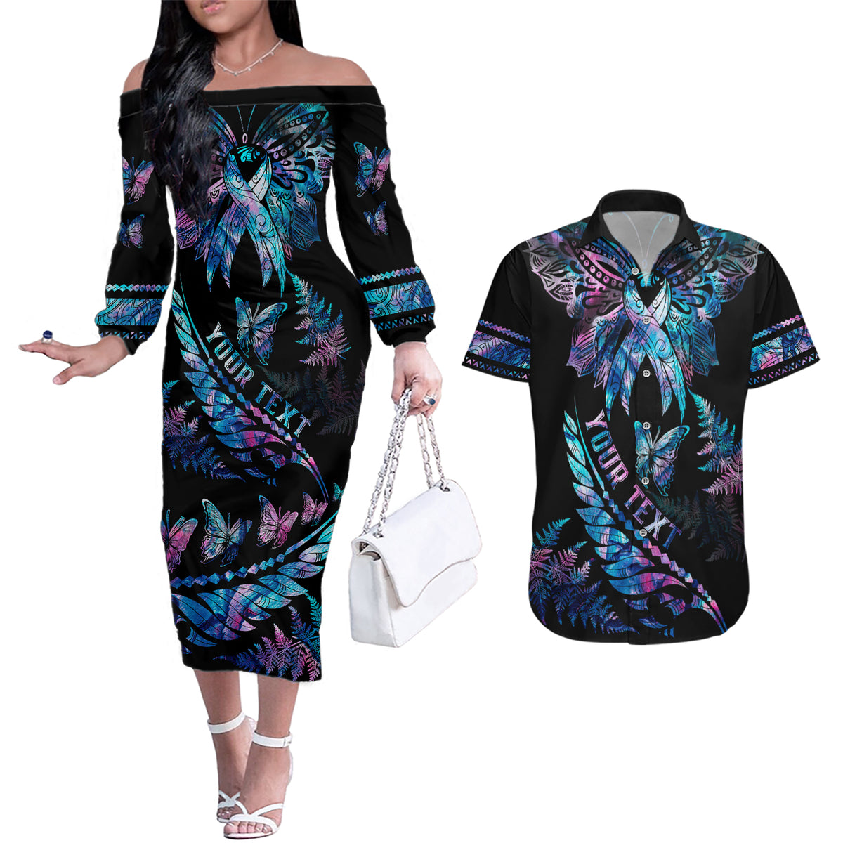 Personalised Polynesia Ribbon Butterflies Couples Matching Off The Shoulder Long Sleeve Dress and Hawaiian Shirt Silver Fern Breast Cancer With Papua Shell Pattern LT9 - Wonder Print Shop