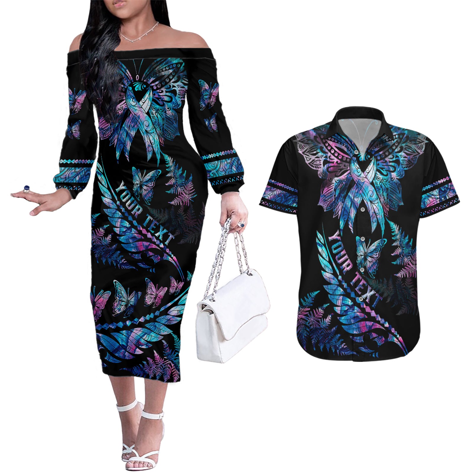 Personalised Polynesia Ribbon Butterflies Couples Matching Off The Shoulder Long Sleeve Dress and Hawaiian Shirt Silver Fern Breast Cancer With Papua Shell Pattern LT9 - Wonder Print Shop