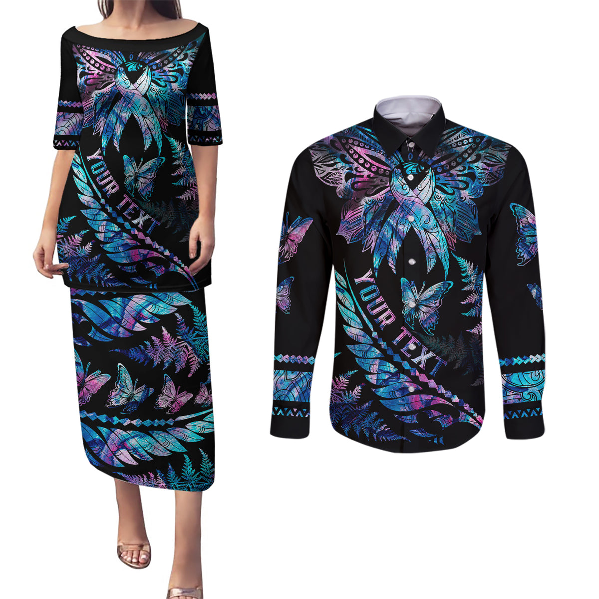 Personalised Polynesia Ribbon Butterflies Couples Matching Puletasi Dress and Long Sleeve Button Shirts Silver Fern Breast Cancer With Papua Shell Pattern LT9 - Wonder Print Shop