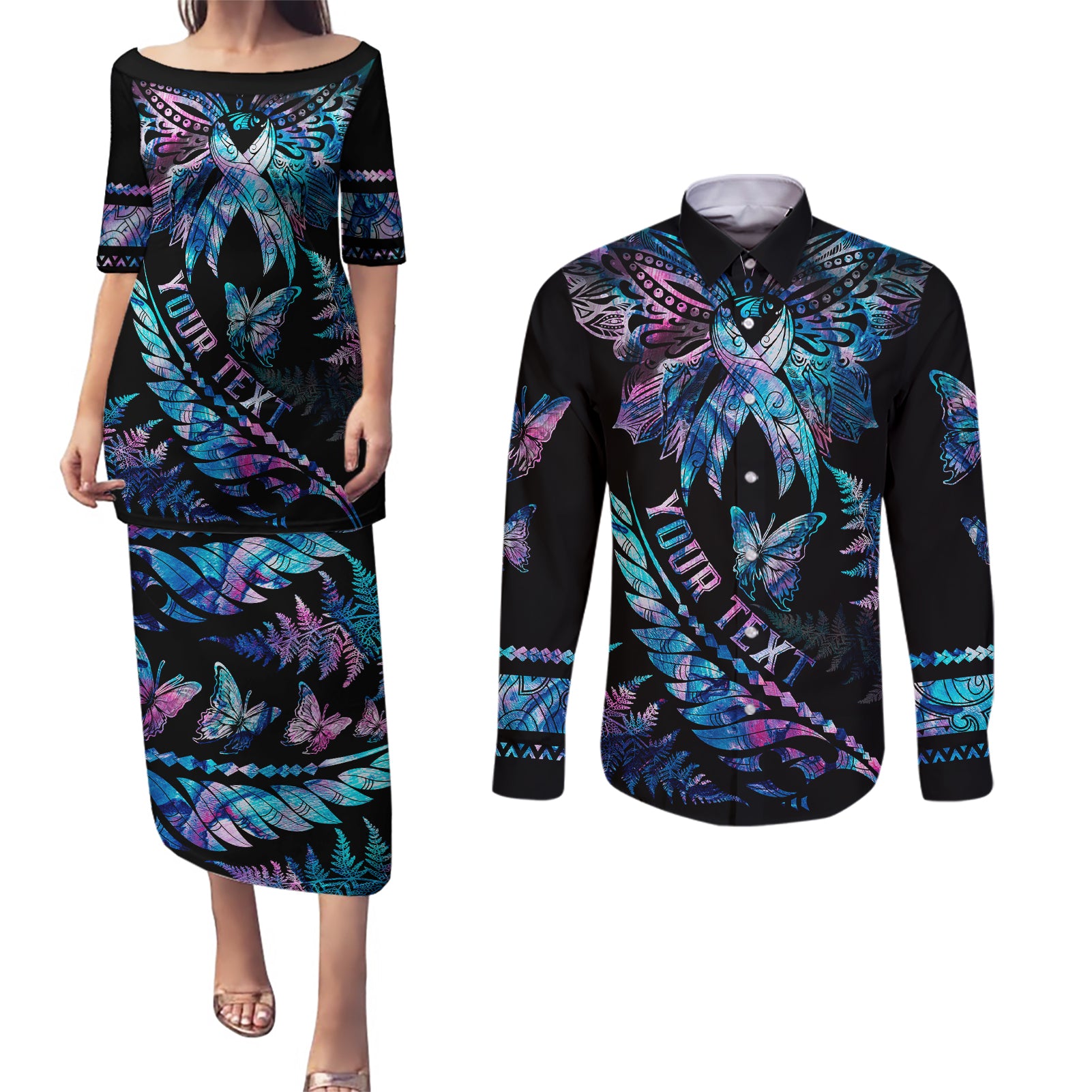 Personalised Polynesia Ribbon Butterflies Couples Matching Puletasi Dress and Long Sleeve Button Shirts Silver Fern Breast Cancer With Papua Shell Pattern LT9 - Wonder Print Shop