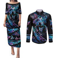 Personalised Polynesia Ribbon Butterflies Couples Matching Puletasi Dress and Long Sleeve Button Shirts Silver Fern Breast Cancer With Papua Shell Pattern LT9 - Wonder Print Shop