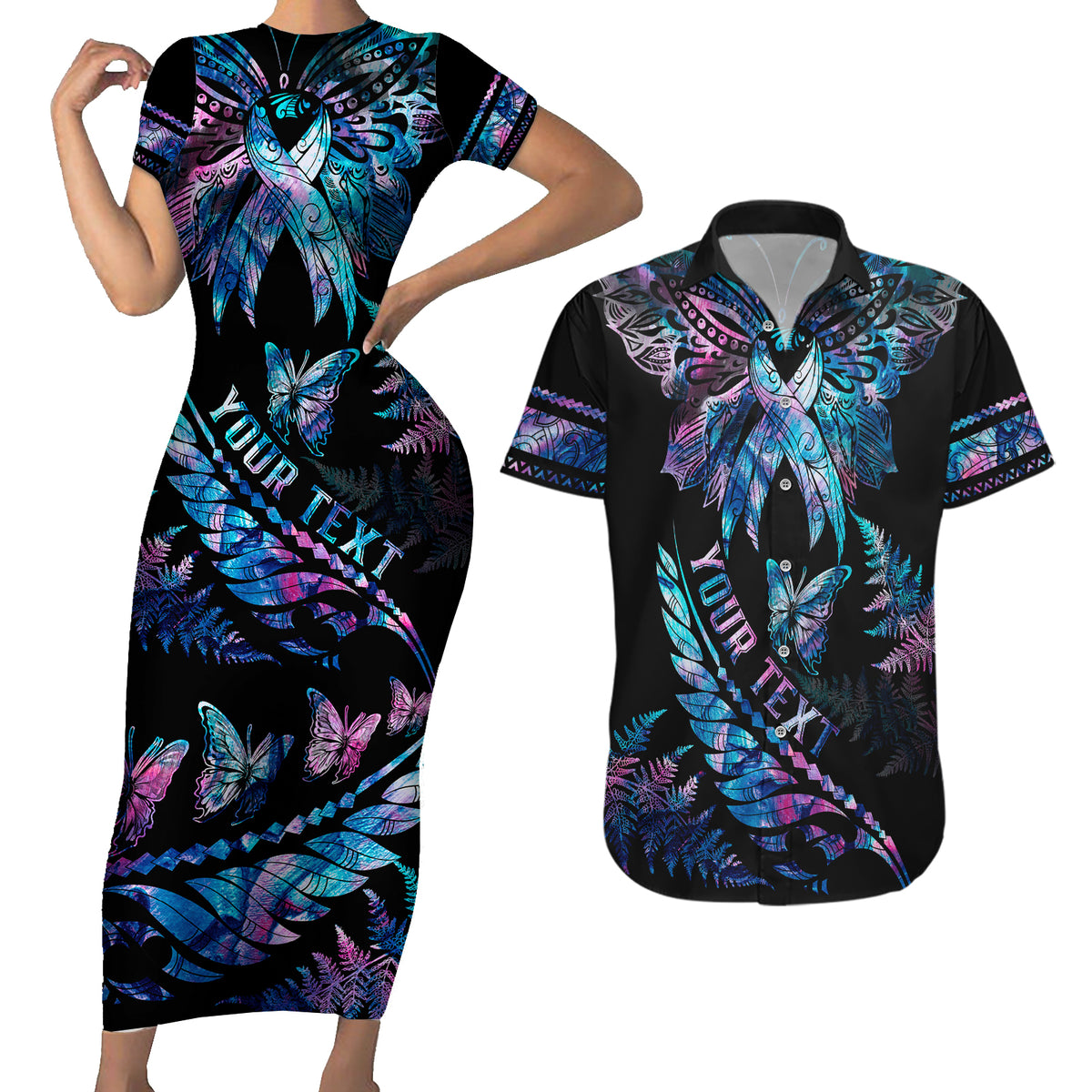 Personalised Polynesia Ribbon Butterflies Couples Matching Short Sleeve Bodycon Dress and Hawaiian Shirt Silver Fern Breast Cancer With Papua Shell Pattern LT9 - Wonder Print Shop