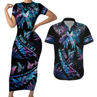 Personalised Polynesia Ribbon Butterflies Couples Matching Short Sleeve Bodycon Dress and Hawaiian Shirt Silver Fern Breast Cancer With Papua Shell Pattern LT9 - Wonder Print Shop