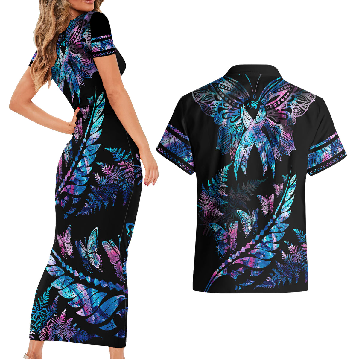 Personalised Polynesia Ribbon Butterflies Couples Matching Short Sleeve Bodycon Dress and Hawaiian Shirt Silver Fern Breast Cancer With Papua Shell Pattern LT9 - Wonder Print Shop