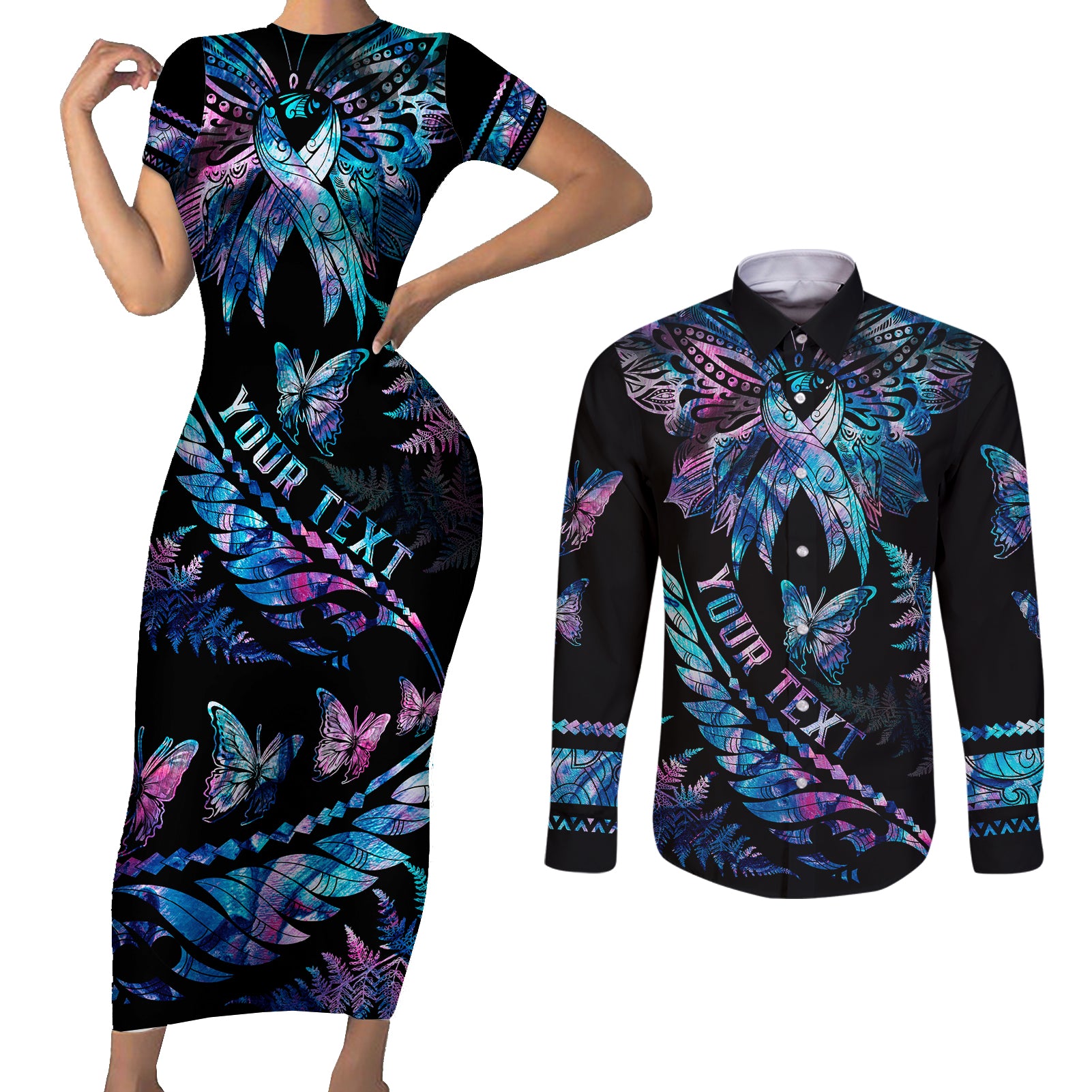 Personalised Polynesia Ribbon Butterflies Couples Matching Short Sleeve Bodycon Dress and Long Sleeve Button Shirts Silver Fern Breast Cancer With Papua Shell Pattern LT9 - Wonder Print Shop