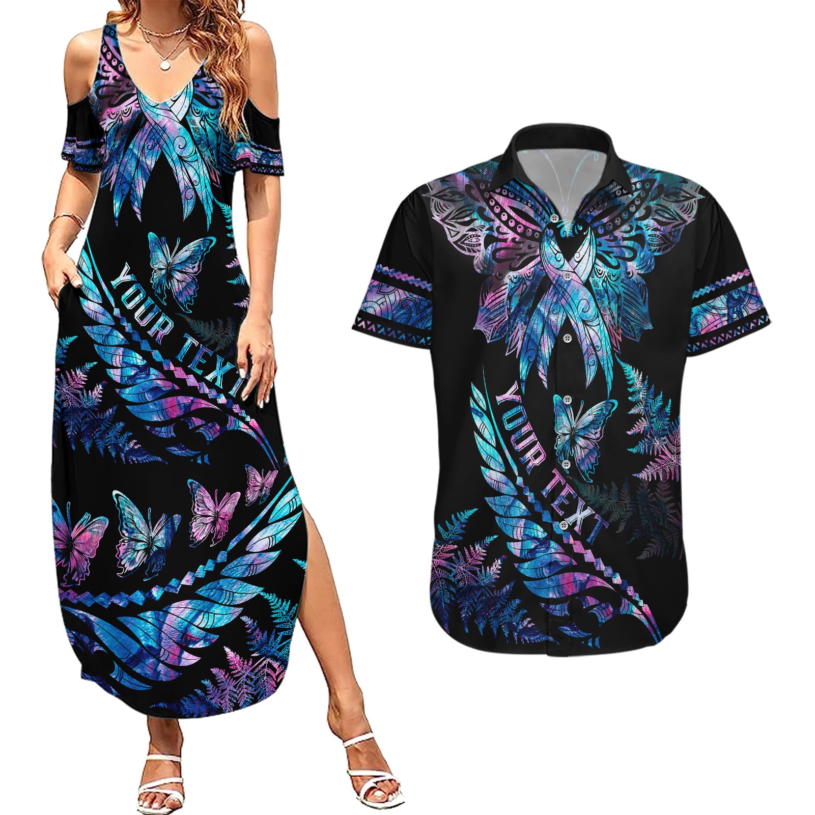Personalised Polynesia Ribbon Butterflies Couples Matching Summer Maxi Dress and Hawaiian Shirt Silver Fern Breast Cancer With Papua Shell Pattern LT9 - Wonder Print Shop