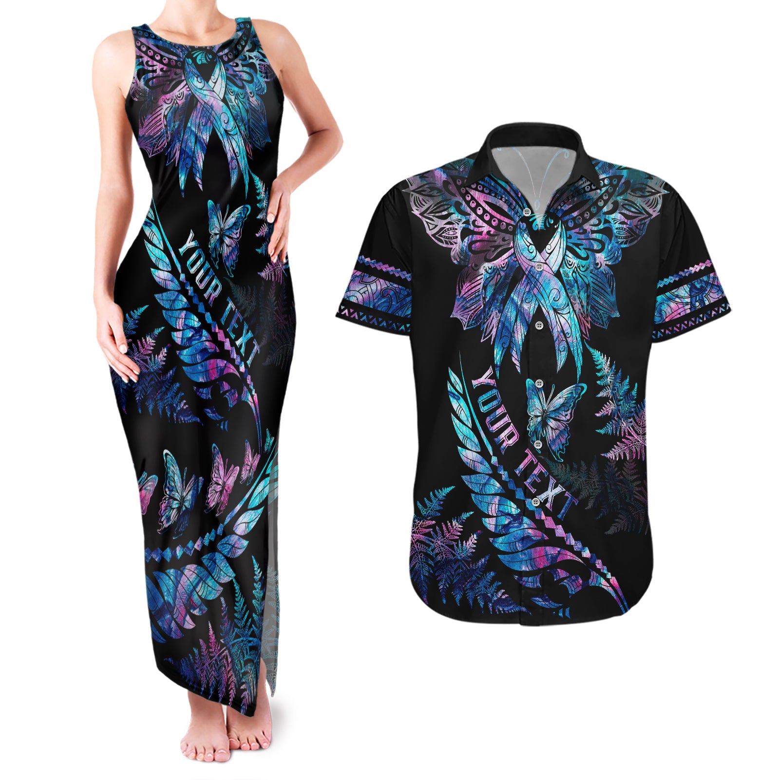 Personalised Polynesia Ribbon Butterflies Couples Matching Tank Maxi Dress and Hawaiian Shirt Silver Fern Breast Cancer With Papua Shell Pattern LT9 - Wonder Print Shop