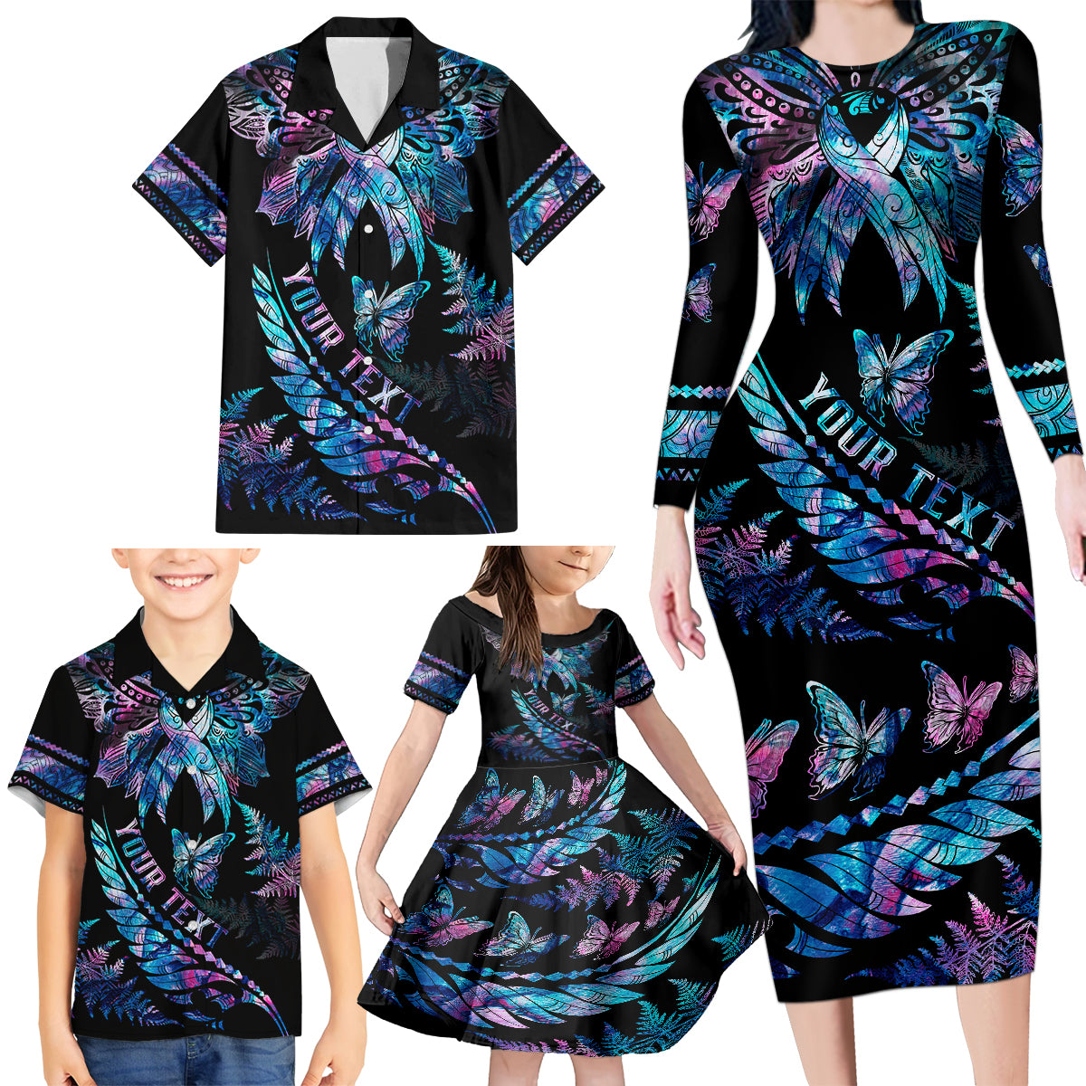Personalised Polynesia Ribbon Butterflies Family Matching Long Sleeve Bodycon Dress and Hawaiian Shirt Silver Fern Breast Cancer With Papua Shell Pattern LT9 - Wonder Print Shop
