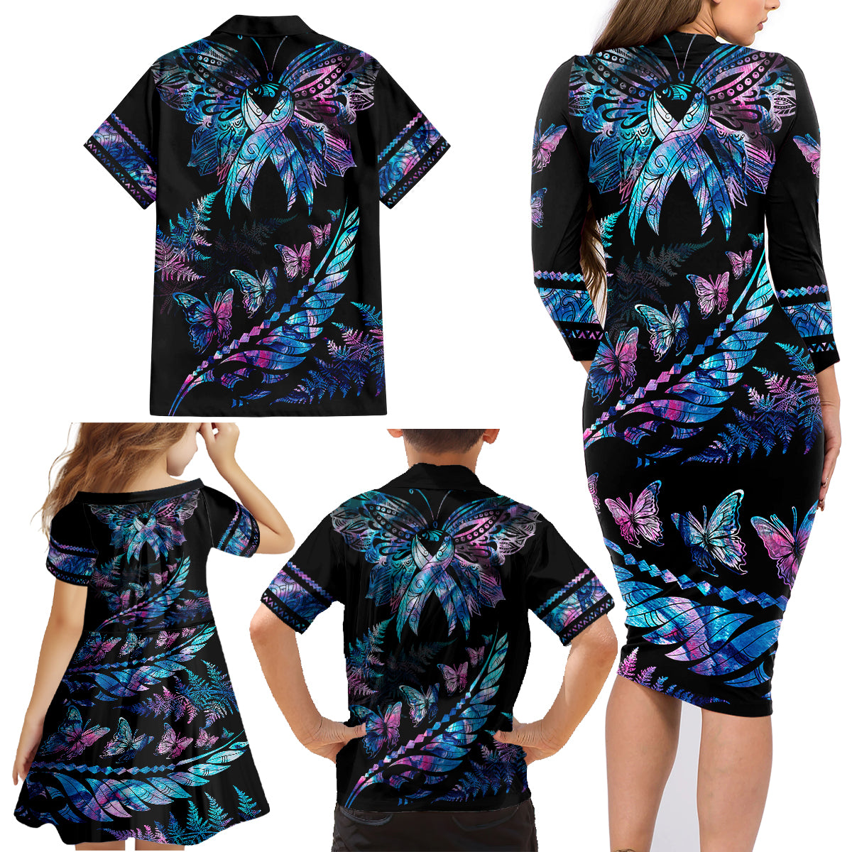 Personalised Polynesia Ribbon Butterflies Family Matching Long Sleeve Bodycon Dress and Hawaiian Shirt Silver Fern Breast Cancer With Papua Shell Pattern LT9 - Wonder Print Shop