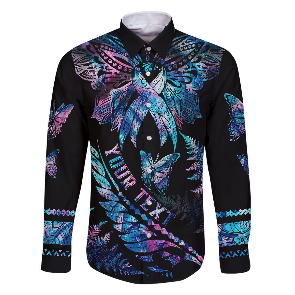 Personalised Polynesia Ribbon Butterflies Family Matching Long Sleeve Bodycon Dress and Hawaiian Shirt Silver Fern Breast Cancer With Papua Shell Pattern LT9 - Wonder Print Shop