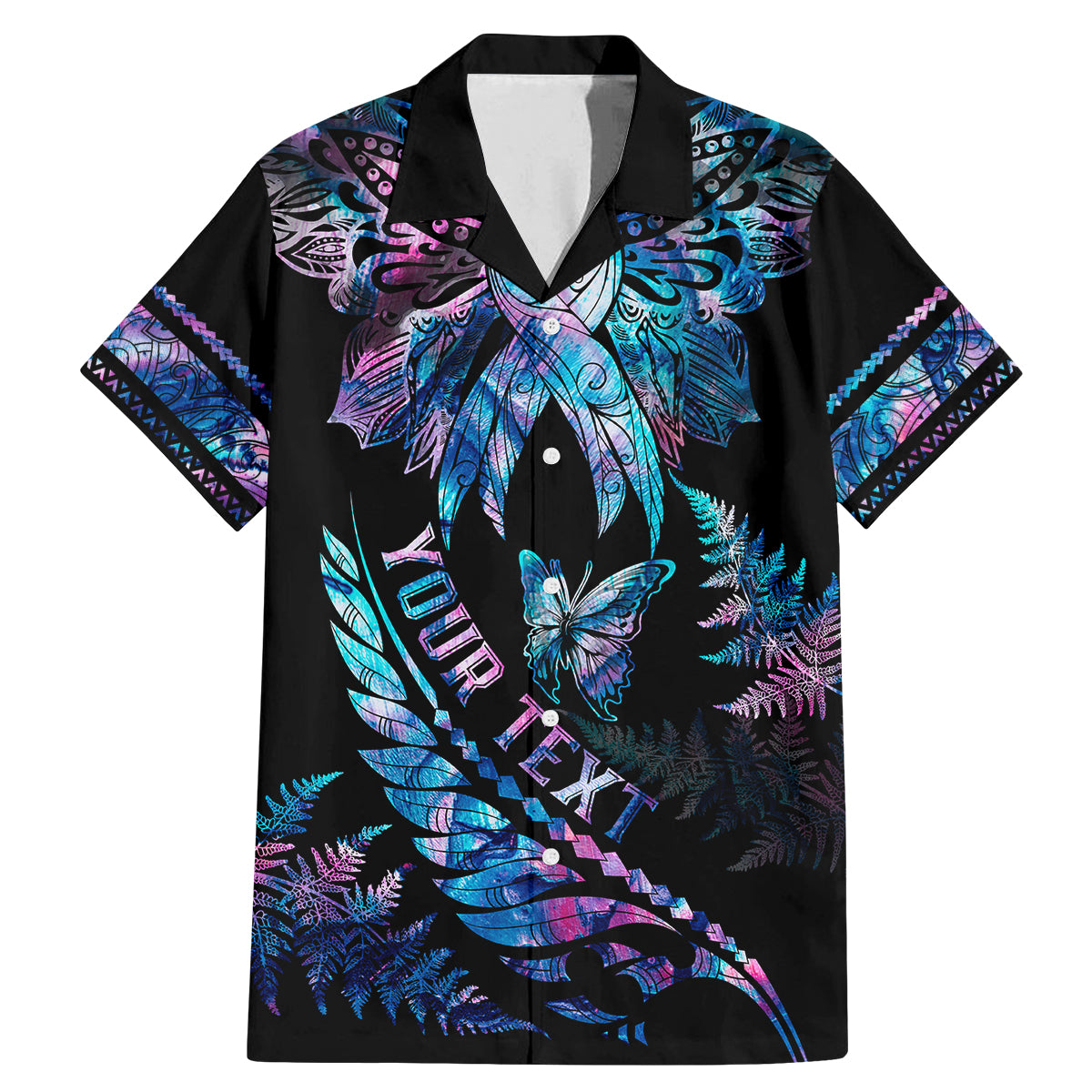 Personalised Polynesia Ribbon Butterflies Family Matching Mermaid Dress and Hawaiian Shirt Silver Fern Breast Cancer With Papua Shell Pattern LT9 - Wonder Print Shop