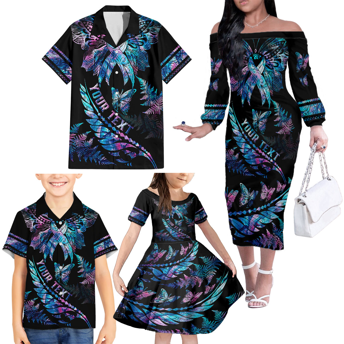Personalised Polynesia Ribbon Butterflies Family Matching Off Shoulder Long Sleeve Dress and Hawaiian Shirt Silver Fern Breast Cancer With Papua Shell Pattern - Wonder Print Shop