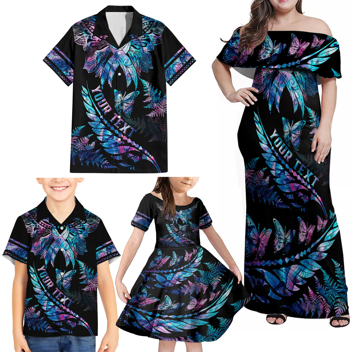 Personalised Polynesia Ribbon Butterflies Family Matching Off Shoulder Maxi Dress and Hawaiian Shirt Silver Fern Breast Cancer With Papua Shell Pattern LT9 - Wonder Print Shop