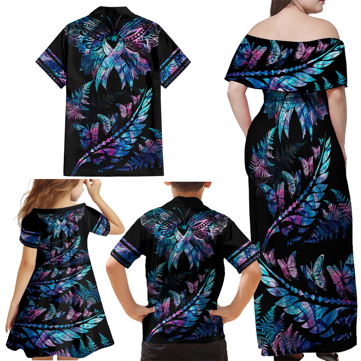 Personalised Polynesia Ribbon Butterflies Family Matching Off Shoulder Maxi Dress and Hawaiian Shirt Silver Fern Breast Cancer With Papua Shell Pattern LT9 - Wonder Print Shop