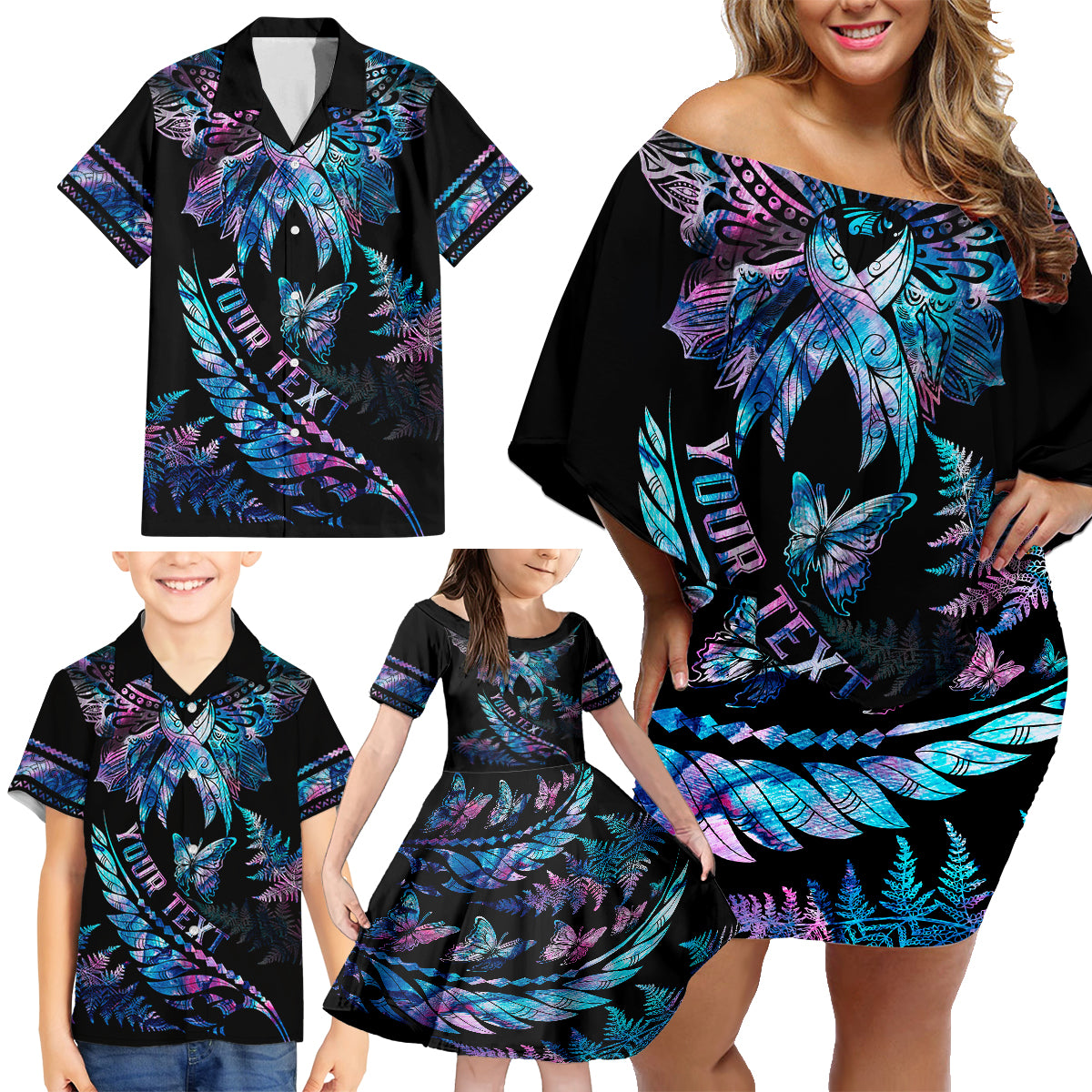 Personalised Polynesia Ribbon Butterflies Family Matching Off Shoulder Short Dress and Hawaiian Shirt Silver Fern Breast Cancer With Papua Shell Pattern LT9 - Wonder Print Shop