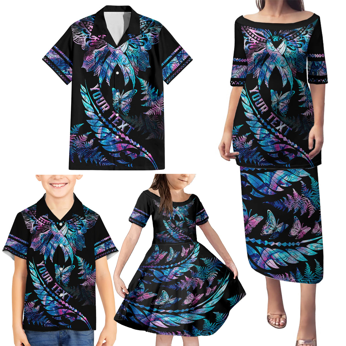Personalised Polynesia Ribbon Butterflies Family Matching Puletasi Dress and Hawaiian Shirt Silver Fern Breast Cancer With Papua Shell Pattern - Wonder Print Shop