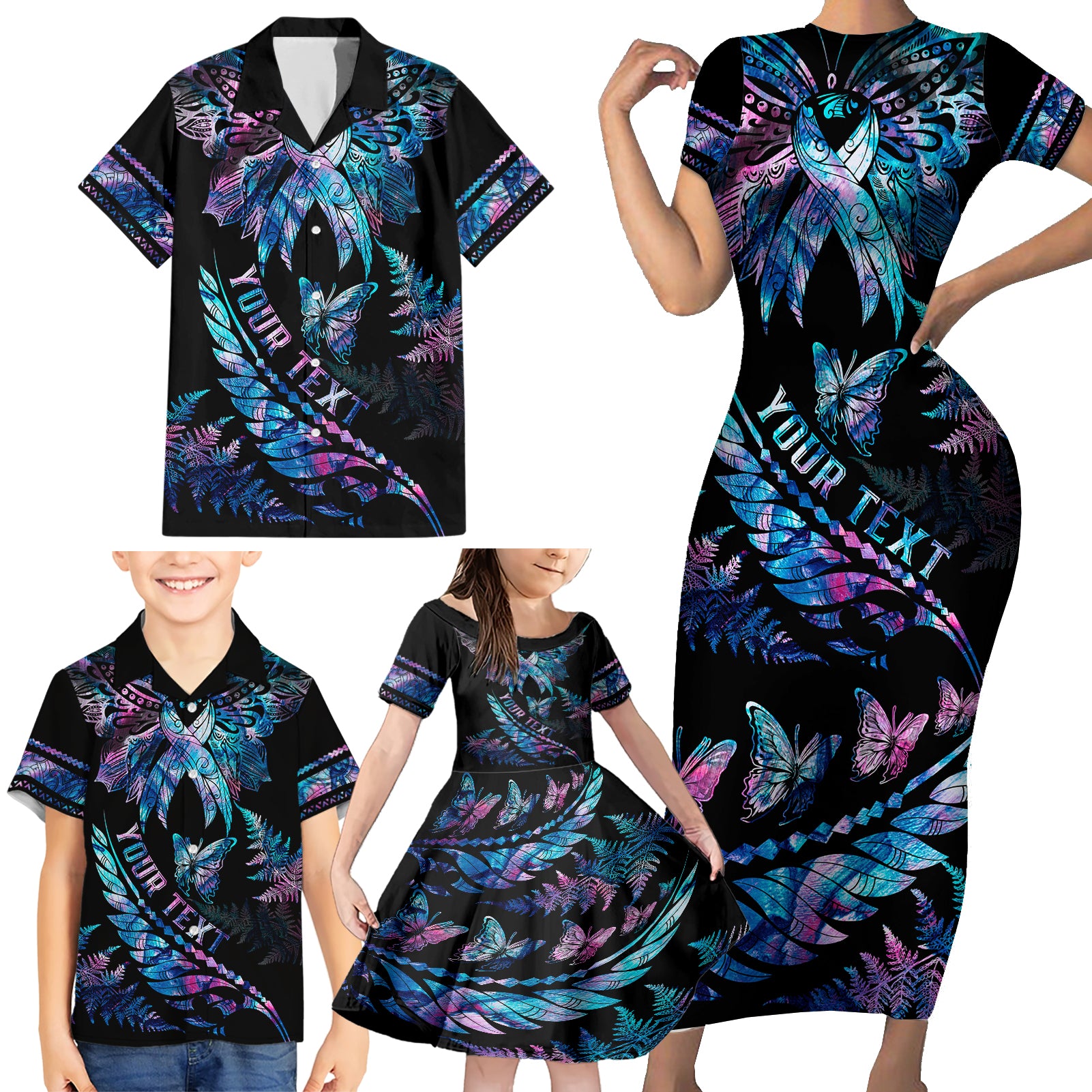 Personalised Polynesia Ribbon Butterflies Family Matching Short Sleeve Bodycon Dress and Hawaiian Shirt Silver Fern Breast Cancer With Papua Shell Pattern - Wonder Print Shop