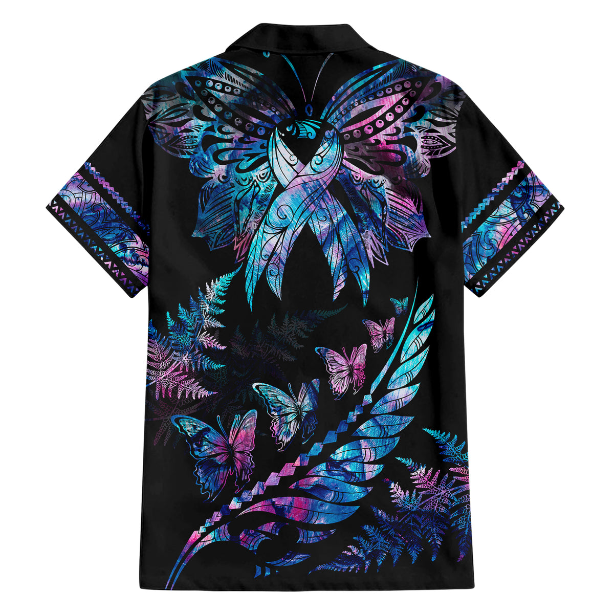 Personalised Polynesia Ribbon Butterflies Family Matching Short Sleeve Bodycon Dress and Hawaiian Shirt Silver Fern Breast Cancer With Papua Shell Pattern - Wonder Print Shop