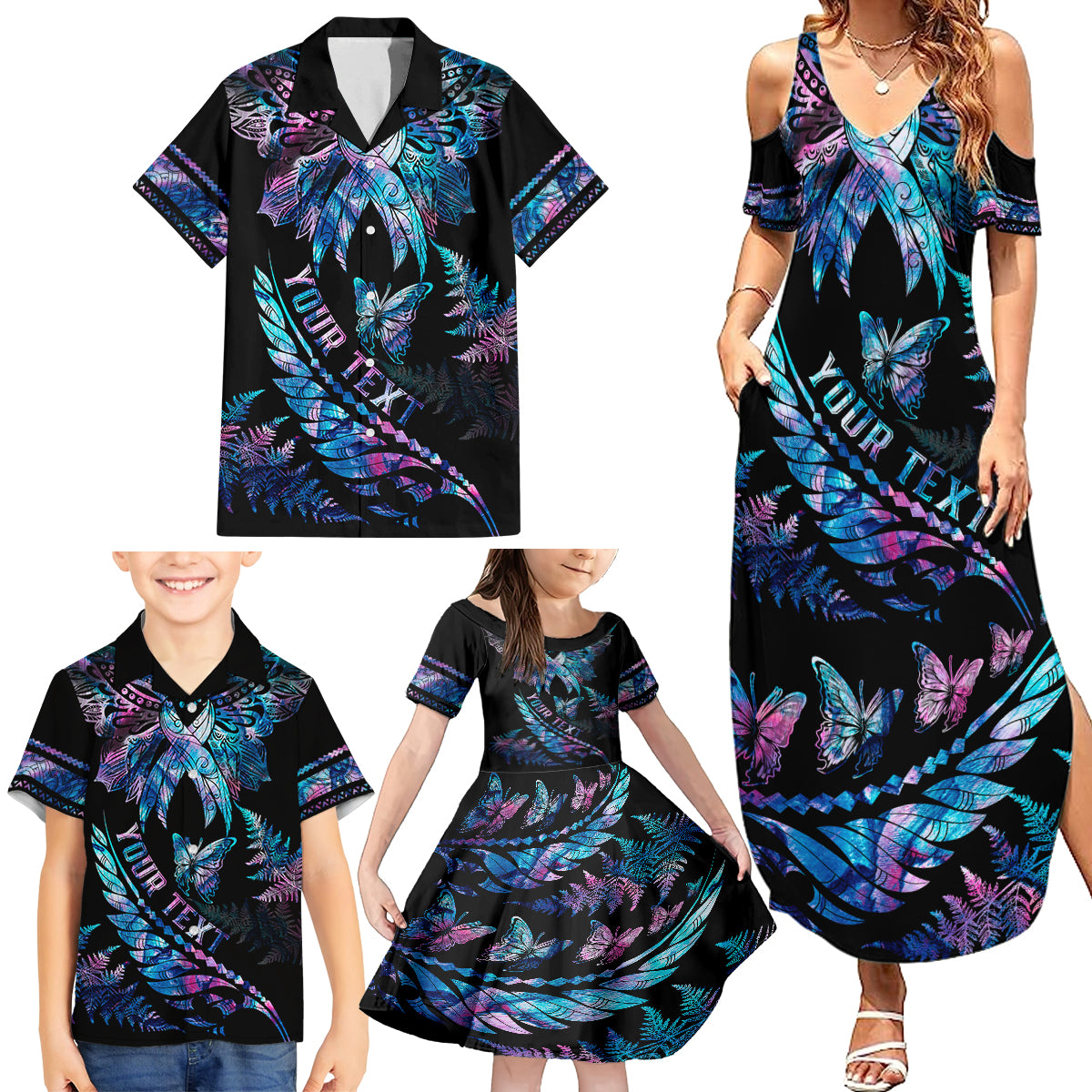 Personalised Polynesia Ribbon Butterflies Family Matching Summer Maxi Dress and Hawaiian Shirt Silver Fern Breast Cancer With Papua Shell Pattern - Wonder Print Shop