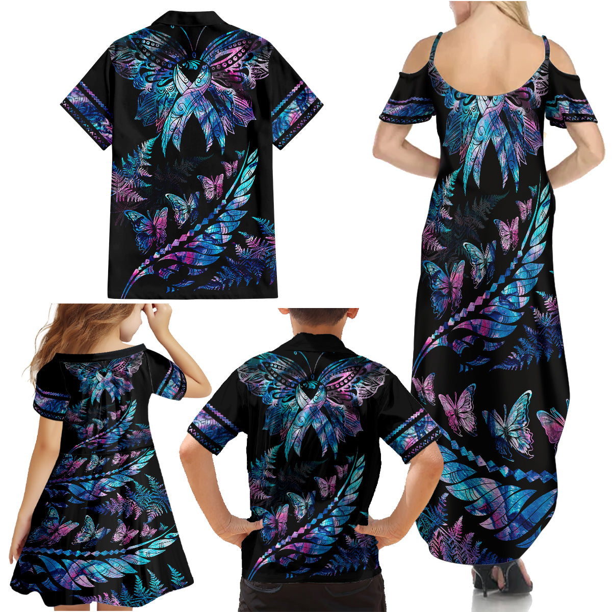 Personalised Polynesia Ribbon Butterflies Family Matching Summer Maxi Dress and Hawaiian Shirt Silver Fern Breast Cancer With Papua Shell Pattern - Wonder Print Shop
