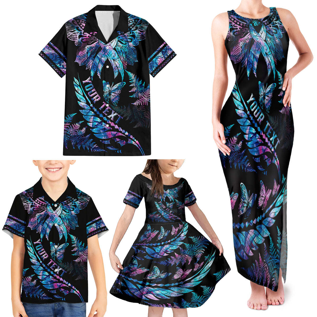 Personalised Polynesia Ribbon Butterflies Family Matching Tank Maxi Dress and Hawaiian Shirt Silver Fern Breast Cancer With Papua Shell Pattern - Wonder Print Shop