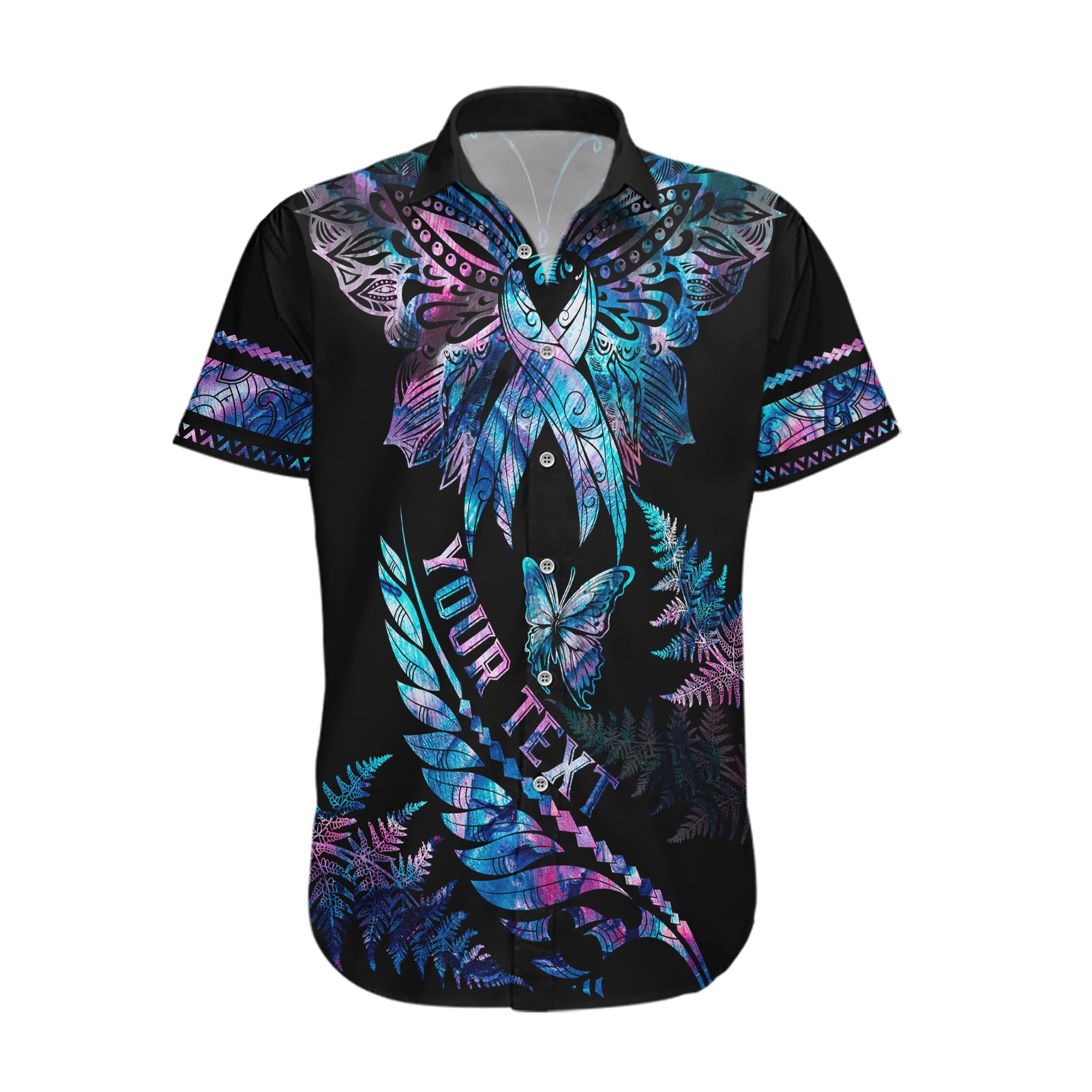 Personalised Polynesia Ribbon Butterflies Hawaiian Shirt Silver Fern Breast Cancer With Papua Shell Pattern - Wonder Print Shop
