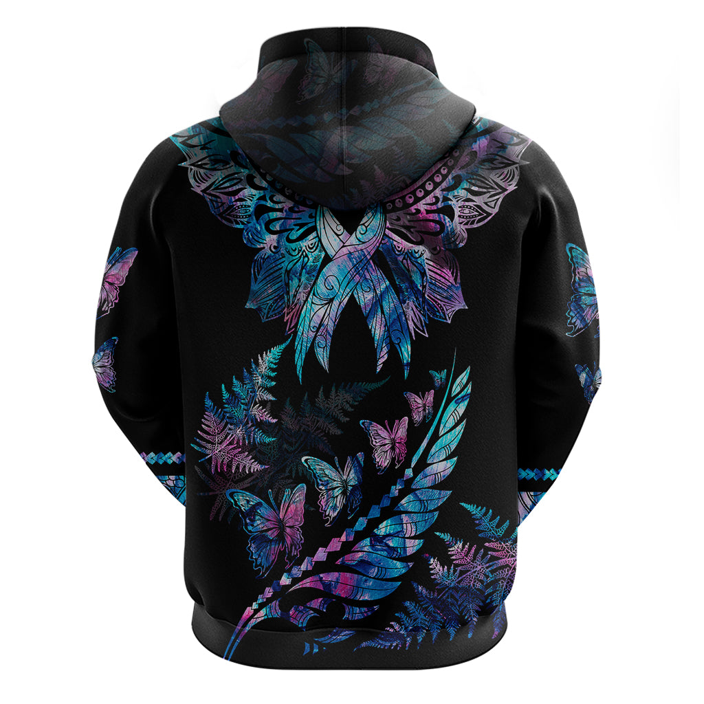 Personalised Polynesia Ribbon Butterflies Hoodie Silver Fern Breast Cancer With Papua Shell Pattern - Wonder Print Shop