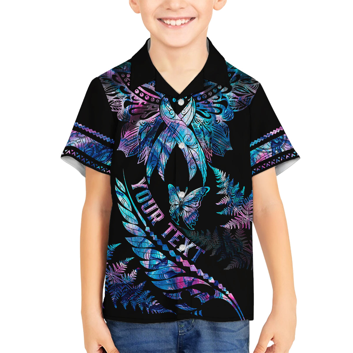 Personalised Polynesia Ribbon Butterflies Kid Hawaiian Shirt Silver Fern Breast Cancer With Papua Shell Pattern - Wonder Print Shop