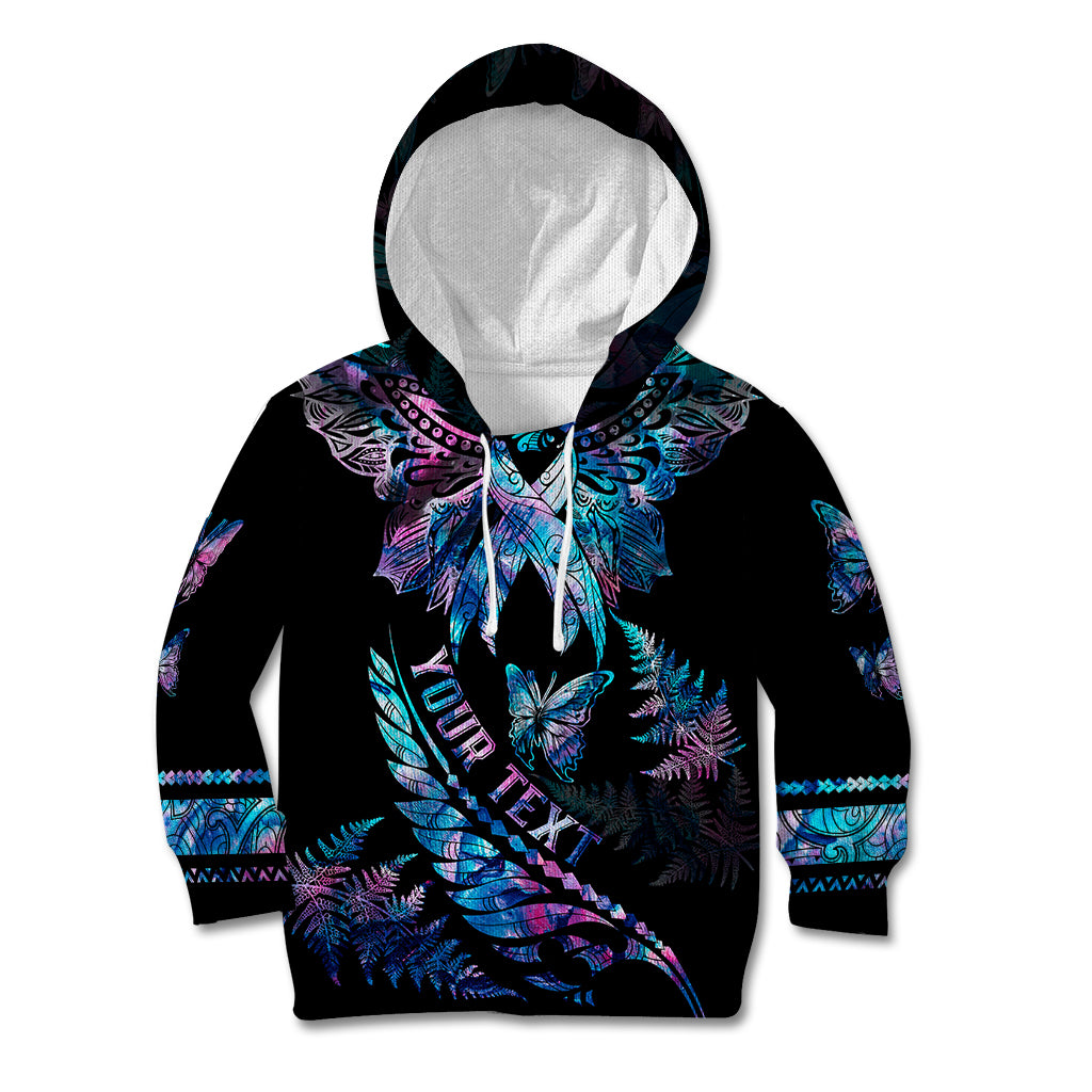 Personalised Polynesia Ribbon Butterflies Kid Hoodie Silver Fern Breast Cancer With Papua Shell Pattern - Wonder Print Shop