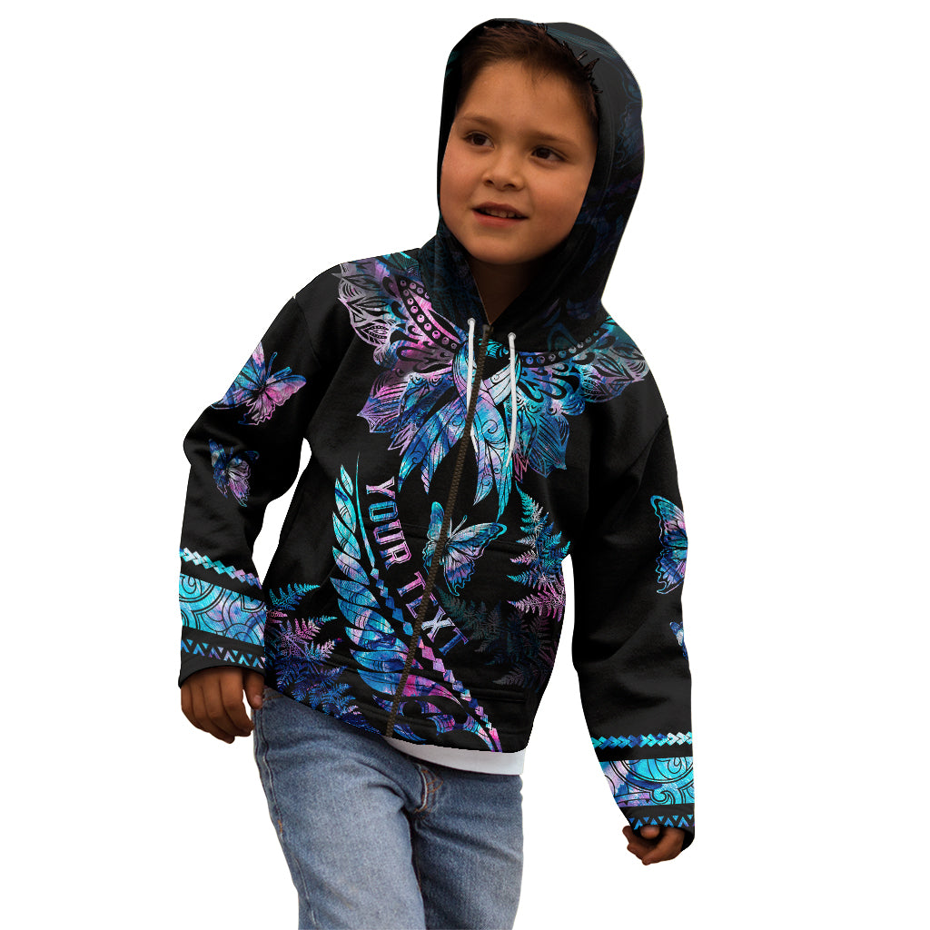 Personalised Polynesia Ribbon Butterflies Kid Hoodie Silver Fern Breast Cancer With Papua Shell Pattern - Wonder Print Shop