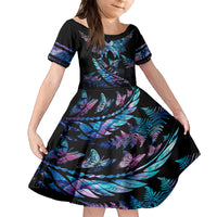Personalised Polynesia Ribbon Butterflies Kid Short Sleeve Dress Silver Fern Breast Cancer With Papua Shell Pattern - Wonder Print Shop
